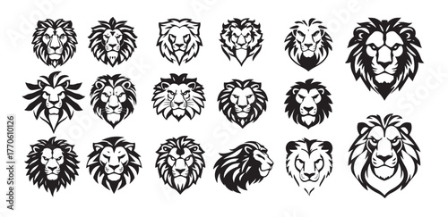 Collection stylized lion head illustrations, showcasing variety mane styles and facial expressions, perfect for emblems, logos, or graphic design elements