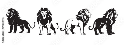 Set four distinct lion silhouettes in various poses, including standing and walking, conveying power and movement, ideal for wildlife themes or athletic branding