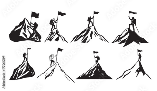 Collection mountain peak climbing illustrations, depicting hikers reaching summits with flags, symbolizing achievement, success, and adventure