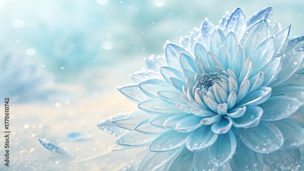 Obraz premium Closeup of a delicate blue dahlia with water droplets, creating a dreamy and ethereal atmosphere, perfect for floral and nature themes
