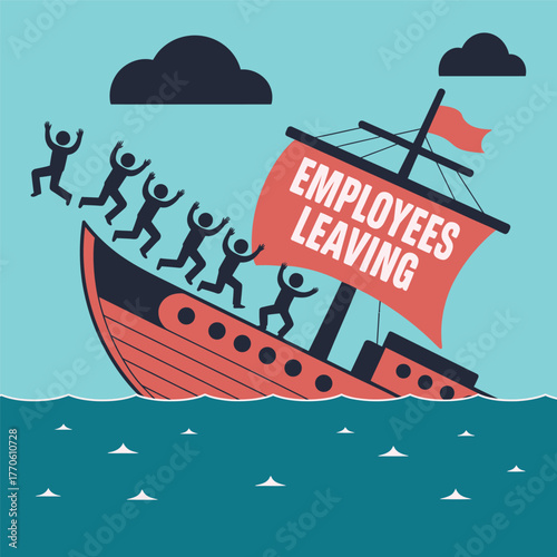 Employee exodus A sinking ship illustration depicting workers leaving due to employment dissatisfaction and turnover, a business crisis