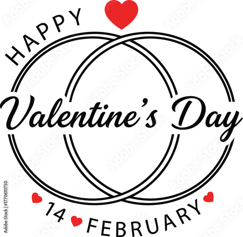 Minimal Happy Valentine’s Day Design with Interlocking Rings, Red Heart,s and 14 February Typography