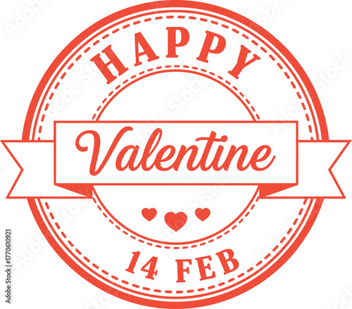 Retro Happy Valentine Badge with Ribbon Banner Hearts and 14 February Typography Design