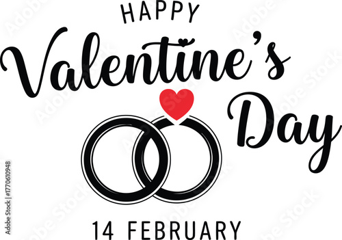 Happy Valentine’s Day Design with Interlocking Wedding Rings Red Heart and 14 February Typography