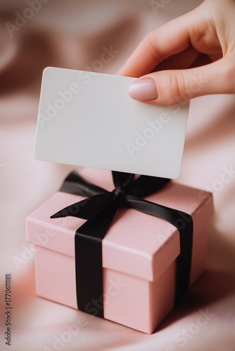 Female hand holding card over pastel pink gift box tied with black ribbon, clean feminine aesthetic