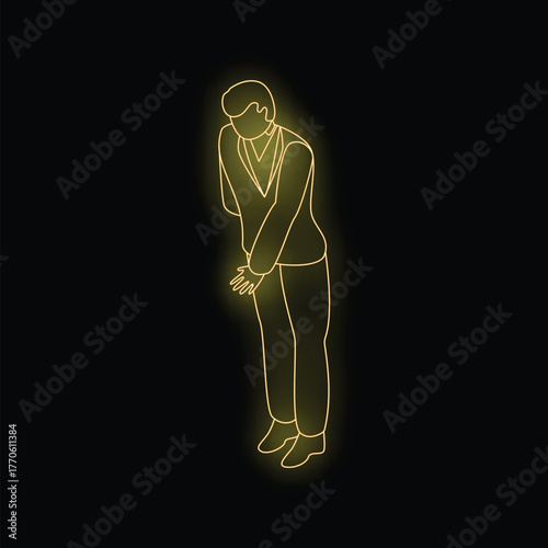 Neon sign depicting a businessman bowing respectfully, conveying humility and respect in a professional setting