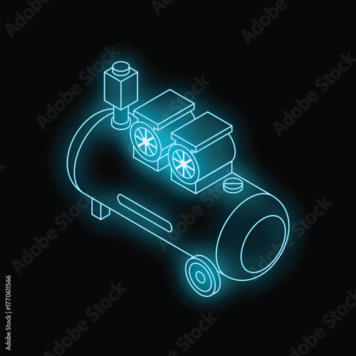 Glowing neon blue air compressor producing compressed air, industrial equipment for pneumatic tools