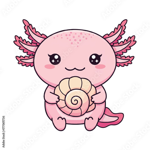 cute pink cartoon axolotl holding shell