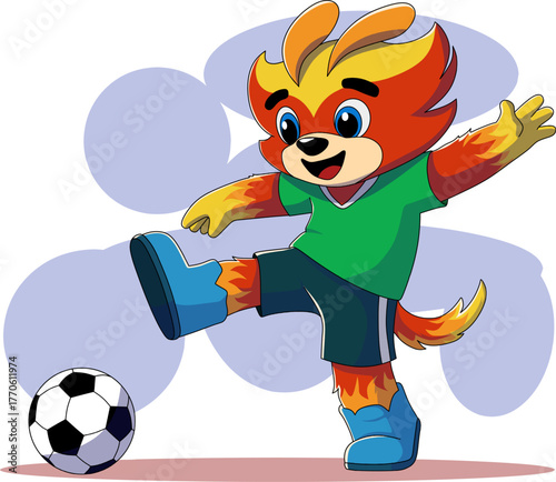 Cute Soccer Mascot Kicking Ball In A Playful Studio Scene, Cheerful cartoon mascot kicks a soccer ball with energetic motion in a bright, friendly scene. Ideal for sports, youth and playful brand