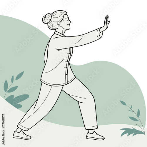 Elderly Woman Doing Tai Chi Vector SVG. Perfect for: Asian wellness, senior health visuals