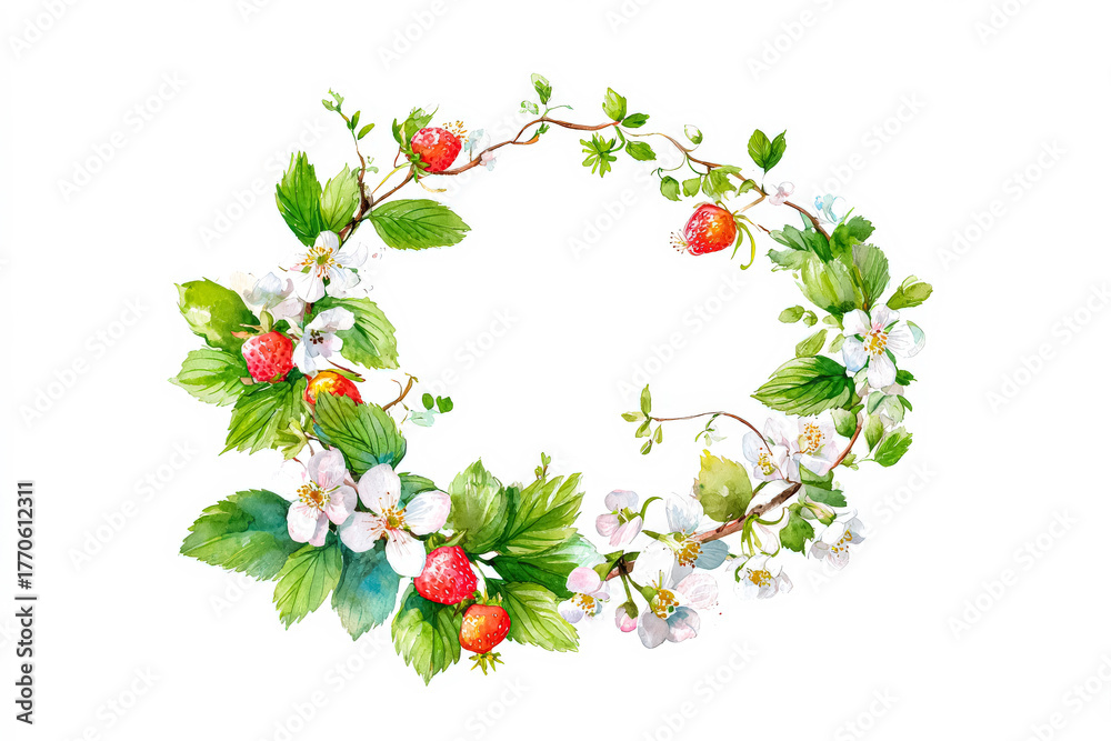 Fototapeta premium Watercolor illustration of a floral wreath with strawberries and blossoms, symbolizing autumn harvest
