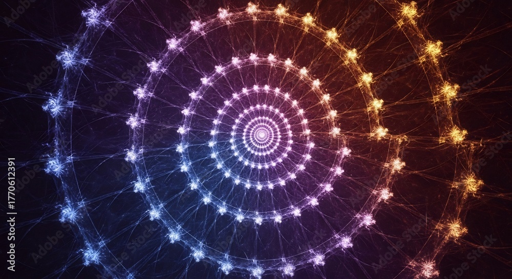 Obraz premium Spiral with starburstlike objects gradually changing color from blue to orange against a dark background