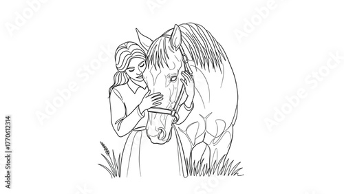 Woman embracing horse continuous black line art, gentle countryside connection minimalist vector illustration on white background