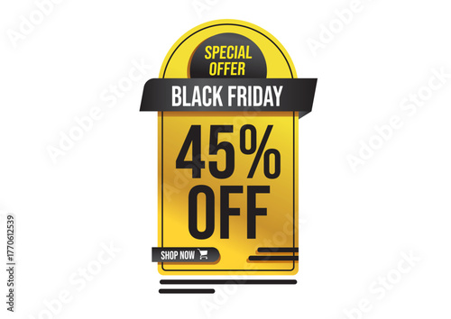 Eye catching Black Friday banner announces a 45 percent discount offer for shoppers. Sale concept