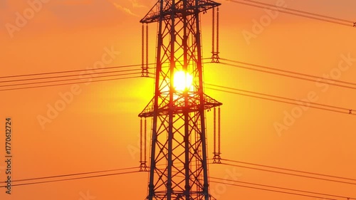 High Voltage Electrical Tower Silhouette Against Orange Sunset Sky - Aerial Shot of Power Infrastructure