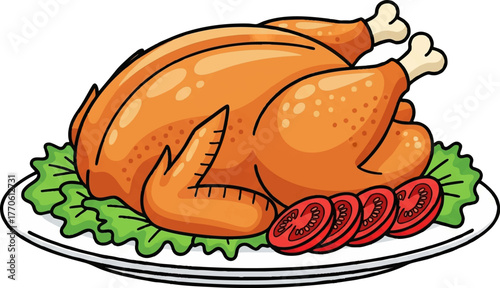 Fotografie Roast chicken, whole, on a plate, flat vector illustration isolated on white