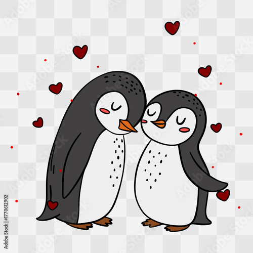 Hand-drawn illustration of two cute penguins in love, perfect for Valentine’s Day projects. Adorable romantic birds with hearts, warm hugs and sweet emotions with transparent background 