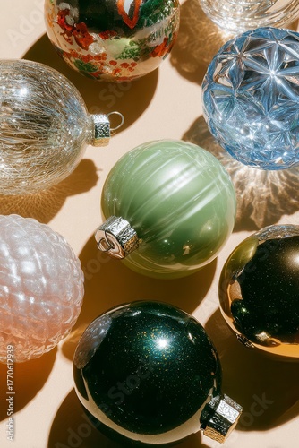 Overhead View of Glossy Vintage Christmas Ornaments in Green, Blue, and Gold
