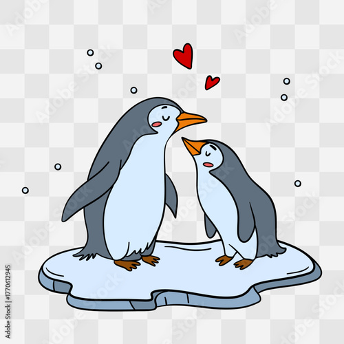 Hand-drawn illustration of two cute penguins in love, perfect for Valentine’s Day projects. Adorable romantic birds with hearts, warm hugs and sweet emotions with transparent background 