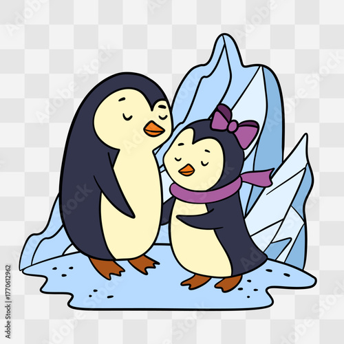 Hand-drawn illustration of two cute penguins in love, perfect for Valentine’s Day projects. Adorable romantic birds with hearts, warm hugs and sweet emotions with transparent background 
