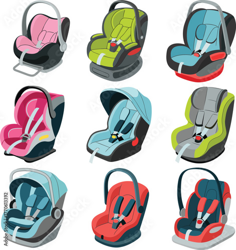 Infant car seat vector set, baby safety seat illustrations, colorful child carrier icons, newborn travel gear, modern baby transport equipment, isolated