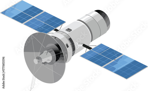 Satellite in outer space, solar panel powered spacecraft, orbiting Earth for communication, observation, research, astronomy, science, technology, and data transmission