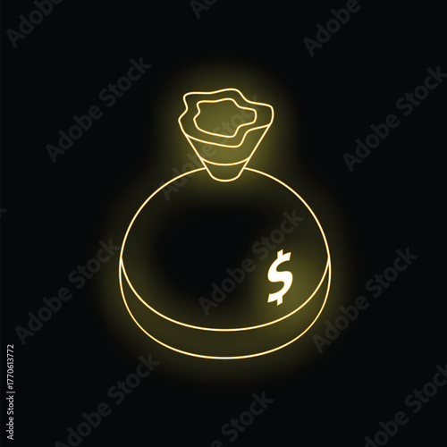 Neon yellow money bag shining on black background, representing savings, investment, wealth, and finance