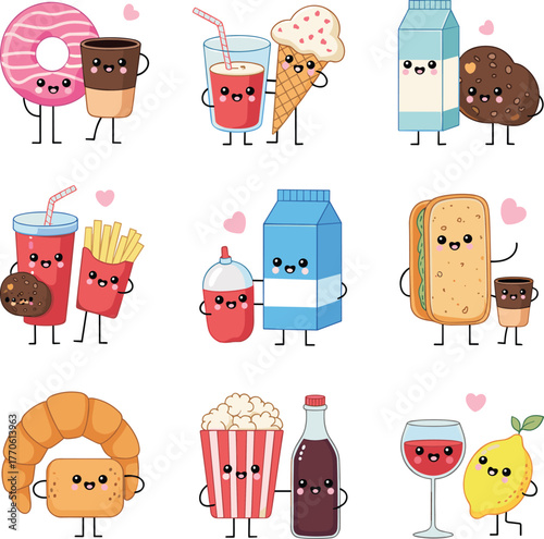 Cute cartoon food characters with happy faces, friendship theme, anthropomorphic snacks, drinks, desserts, perfect for kids, social media, and marketing