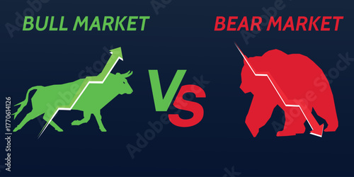 Bull versus bear stock market concept vector illustration. Bullish and bearish market. Investment and business background