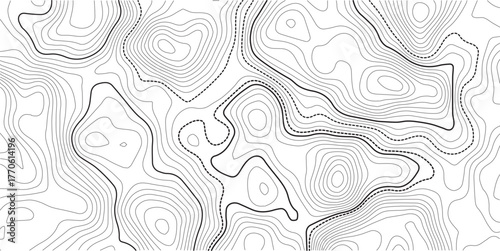 Geographic contour map with elevation lines. Detailed terrain visualization concept. Vector illustration of landscape elevations and natural relief.