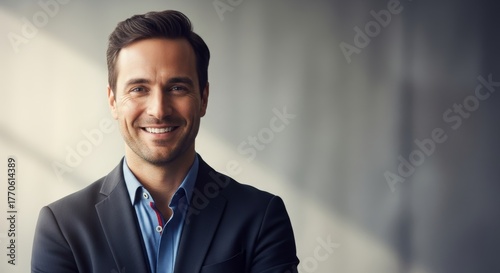 Confident smiling person in casual business attire, soft lighting, neutral background, modern portrait photography