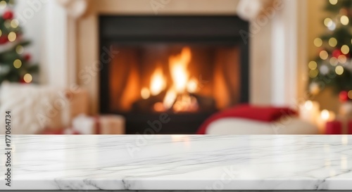 Empty White Marble Tabletop with Blurred Christmas Fireplace Background