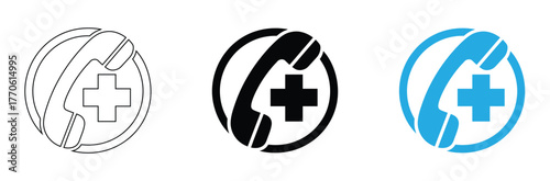 emergency call phone  medical icons symbol sign vector design black white color modern illustration,Medical emergency call for help with urgent health advice,editable stroke