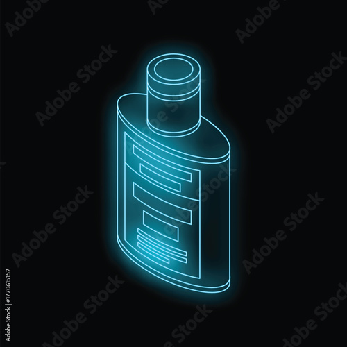 Neon blue cosmetic bottle glowing on a black background, viewed in isometric projection