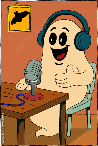 Halloween ghost is doing a horror story podcast.