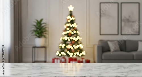 Blurred Christmas Tree with Gifts in Modern Living Room Background