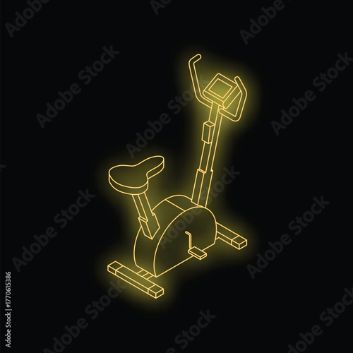 Glowing isometric stationary bicycle with display on black background represents home fitness, healthy lifestyle and workout