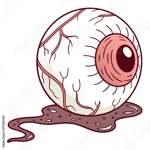 Gory Bloodshot Eyeball Vector – Creepy Halloween Horror Element – Gruesome Disembodied Human Eye with Bloody Veins and Slime – Spooky Cartoon Illustration