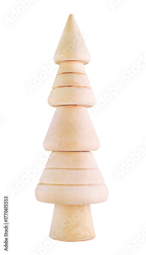 Light color natural wooden Christmas tree decoration isolated on a white background. Scandinavian style desk toy features stacked levels. 