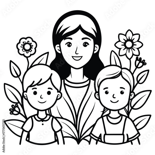 Mother and Two Sons Black and White Illustration with Flowers
