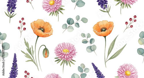 Watercolor Poppy Aster Lavender Eucalyptus Berry Seamless Floral Pattern