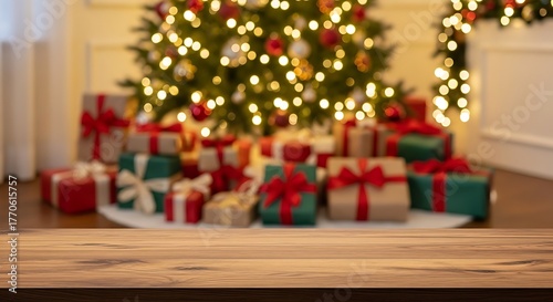 Blurred Christmas Tree Background with Wrapped Presents and Wooden Table Foreground