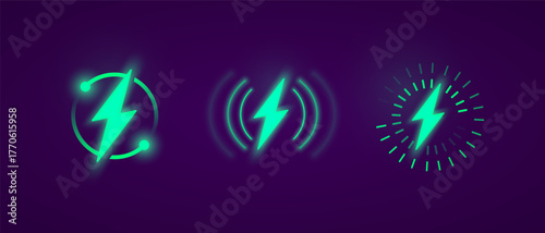 Loading Or Charging Icon Set. Neon Green Lightning Symbols