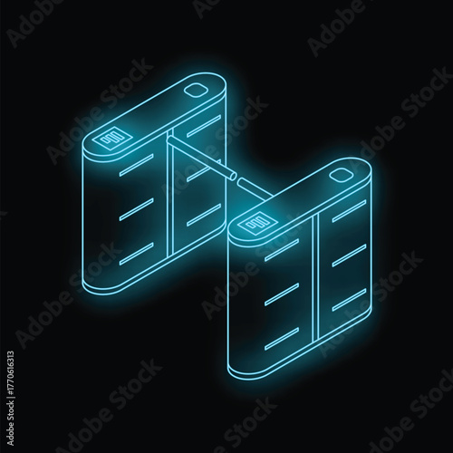 Neon glowing turnstile gate access control system on black background