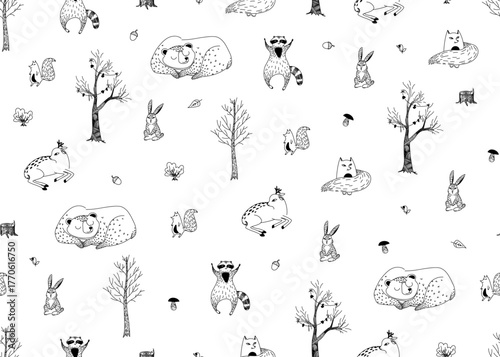 Seamless graphic pattern with drawn wild forest animals and trees drawn in doodle line art style.