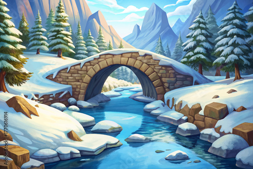 Old stone bridge covered in snow crossing frozen river in winter valley