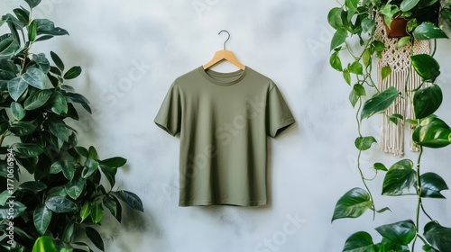 A plain green tshirt hangs on a wooden hanger against a textured gray wall, surrounded by lush green plants and vines