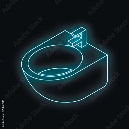Neon outline of a bidet glowing on a black background, representing modern bathroom fixtures and sanitation