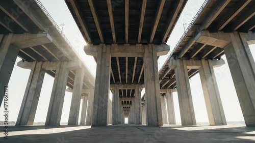 Structural Support and Shadows Under a Modern Bridge at Daylight