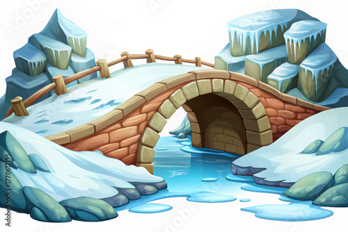 Old stone bridge covered in snow crossing frozen river in winter valley